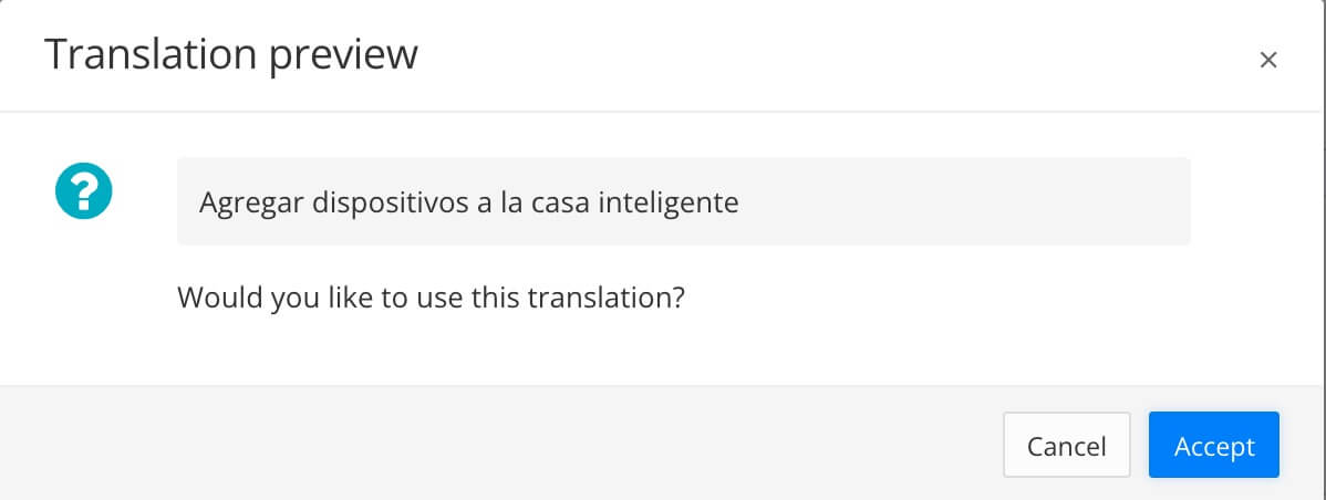 Translation preview shows the suggested translation from Google Translate. There are options to accept it or cancel.
