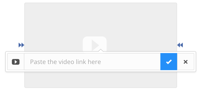 Video frame in a Paligo topic. It has a gray rectangle to represent the video frame and there is a dialog for entering the link to the video file.