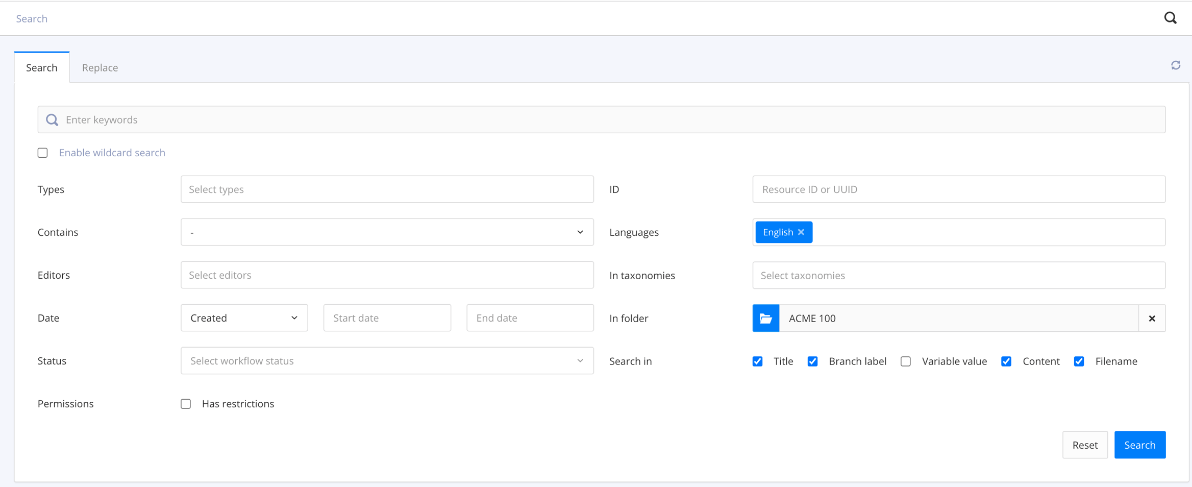 Advanced Search settings. In this image, the settings are already configured to filter the search so that it only looks for results in a specific folder.