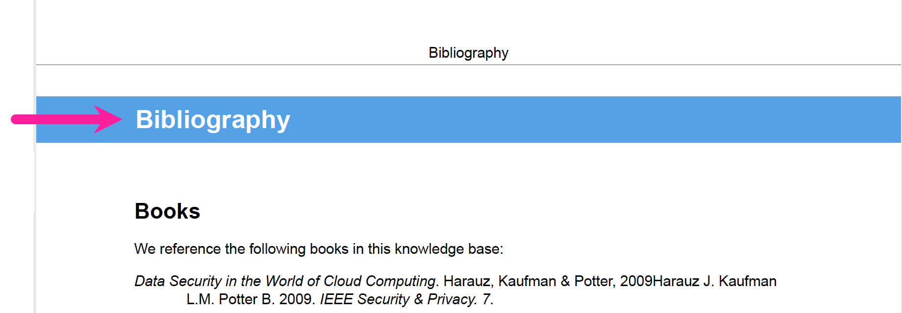 A topic with the title "Bibliography". Inside the topic, there is no second title. The auto-title feature is turned off.
