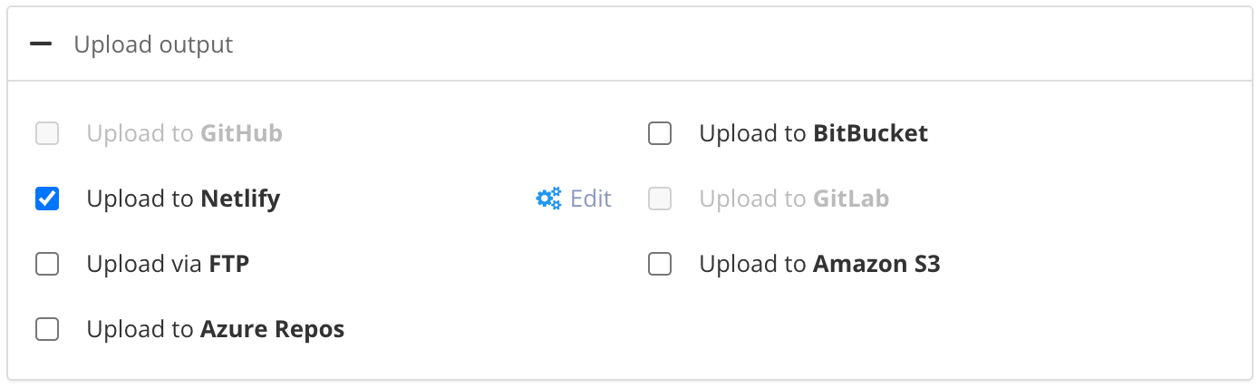 Upload output settings in the publishing settings. The Upload to Netlify box is checked.