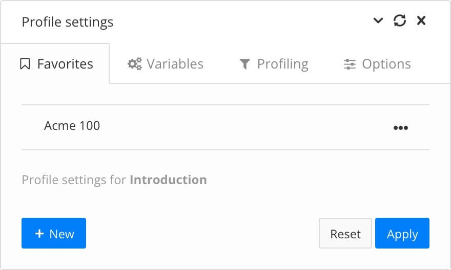 Profile settings dialog. Favorites tab shows a profile named Acme 100.