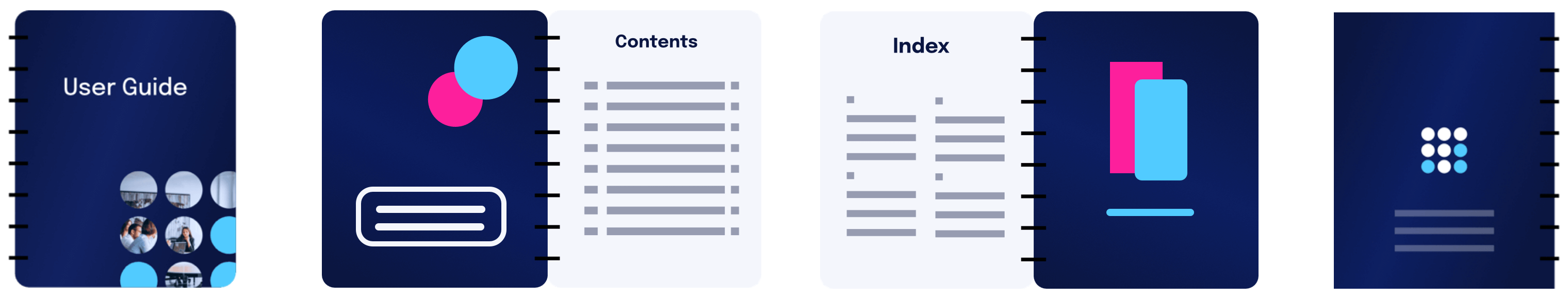 illustration showing both sides of the front cover and both sides of the back cover. Every side has a design or content on it.