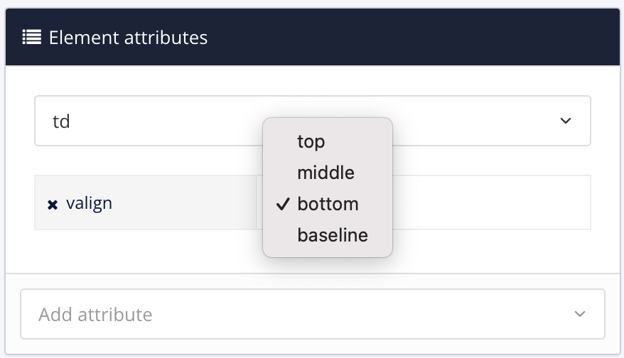 Element attributes panel. The td element is selected. The valign attribute has been added and its value options are shown. The menu has options for top, middle, bottom, and baseline.