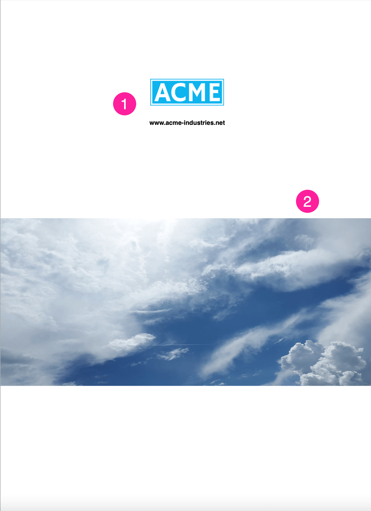 Example of a back cover. There is a content box that contains a logo and a web address and it is labelled 1. The background of the page is a white image with a band of sky and it is labelled 2.