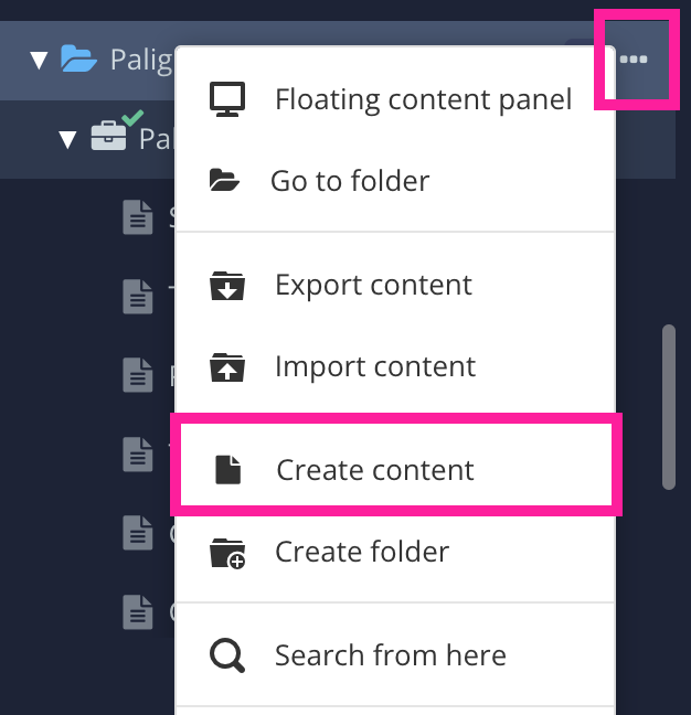 Content Manager side panel. A folder's options menu is selected, revealing a list of options. The create content option is highlighted.