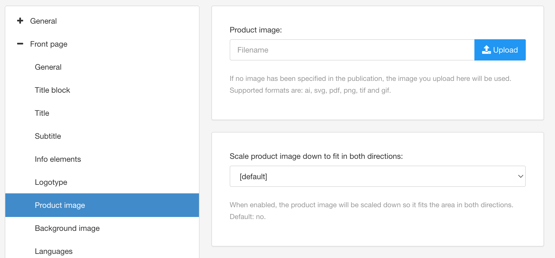 PDF layout. Front page category, product image settings. There is a product image field for uploading an image to the layout.