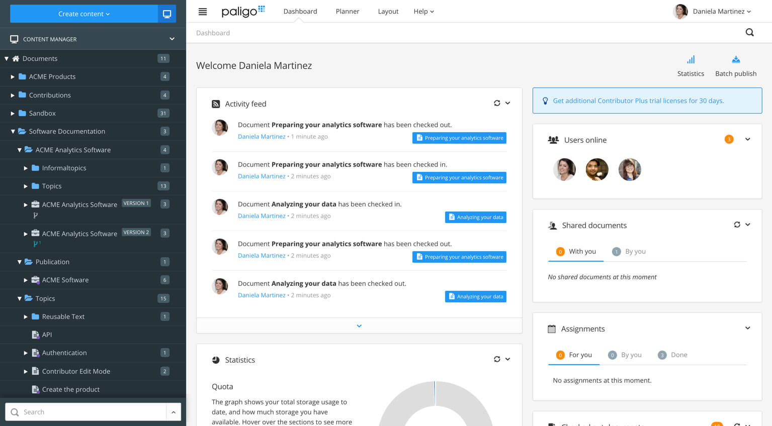 Paligo dashboard showing panels for Activity feed, Users, Statistics, Shared documents, Assignments, and Checked out documents.