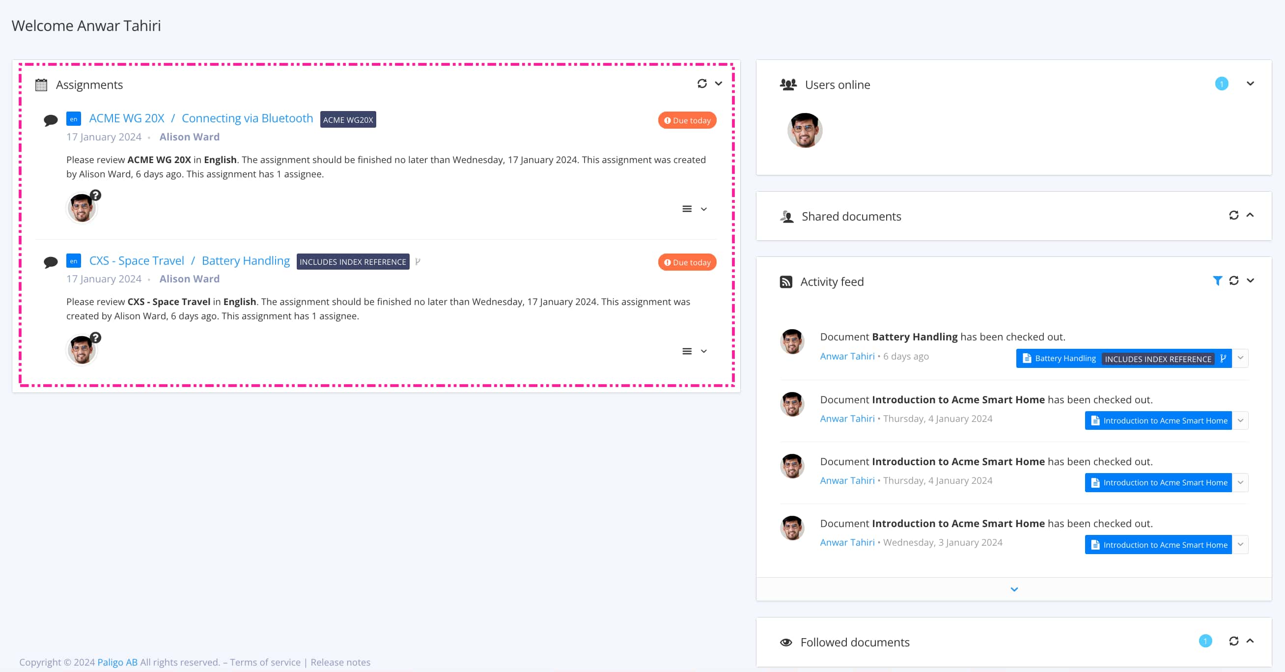 Paligo dashboard. The Assignments panel is highlighted, showing that the user has been assigned to review, contribute, and translate assignments.