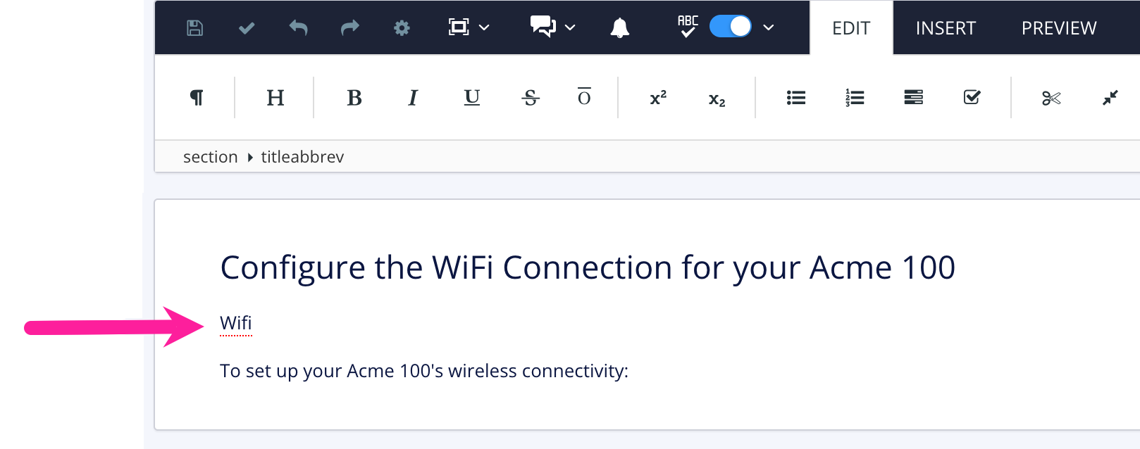 Topic showing a title with a titleabbrev element below it. The title is "Configure the WiFi Connections for your ACME 100". The titleabbrev is "WiFi".