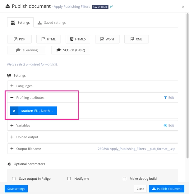 Publish document dialog. The Profiling attributes section is expanded and it shows the market filter is applied. The market filter has the filter values EU and North America.