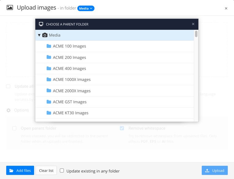 Upload images dialog. The In Folder button is selected, revealing a popup that contains the media folder structure.