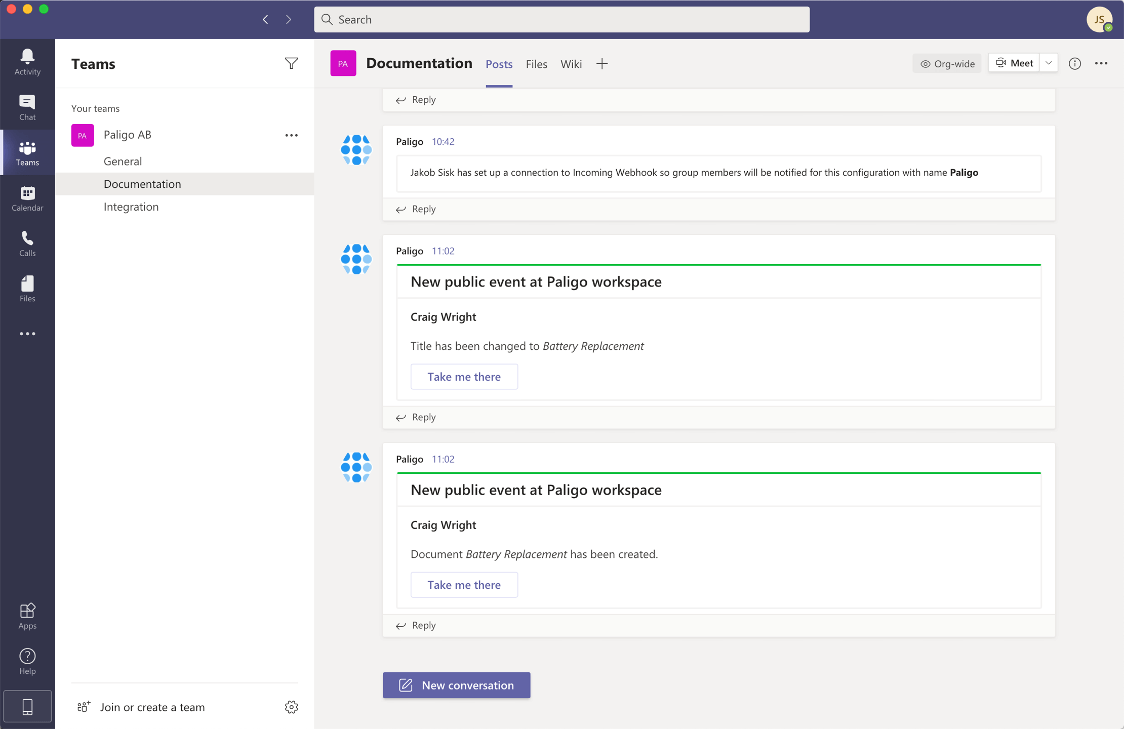 MS Teams showing the feed for a team channel. In the feed, there are channel notifications from Paligo.