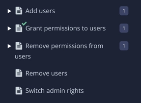 Close-up view of some topics in the Content Manager. There are separate topics for these sections: Add users, Grant permissions to users, Remove permissions from users, Remove users, Switch admin rights.