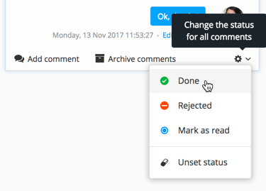 Cog menu is selected, revealing a menu containing options for changing the status of all comments.