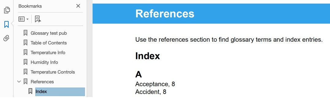 A PDF output that shows a references topic. There is an index inside the references topic. In the bookmarks sidebar, there is a link for the references topic, and at a lower level, a link for the index title.