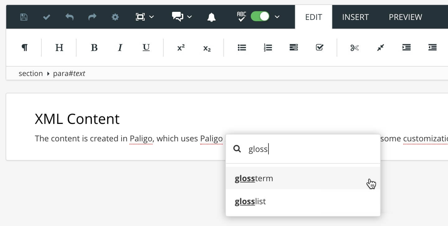 The Paligo editor shows the element context menu being used to add the glossterm element