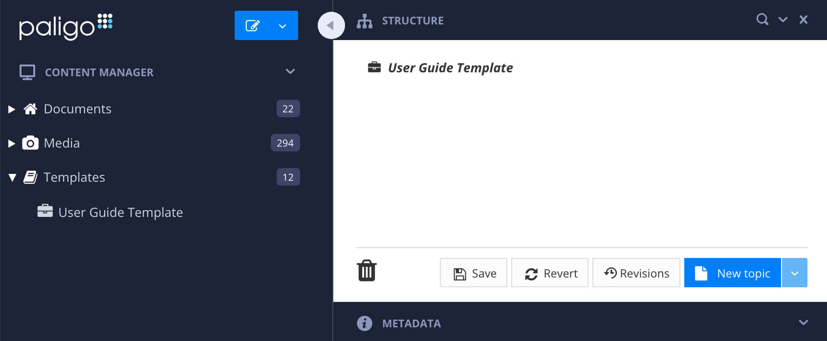 Content Manager sidebar showing the template is selected. The structure dialog is shown next to it, and is empty.