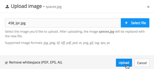 Upload image dialog. It shows an image has been selected for upload. The cursor is positioned over the Upload button in the bottom corner.