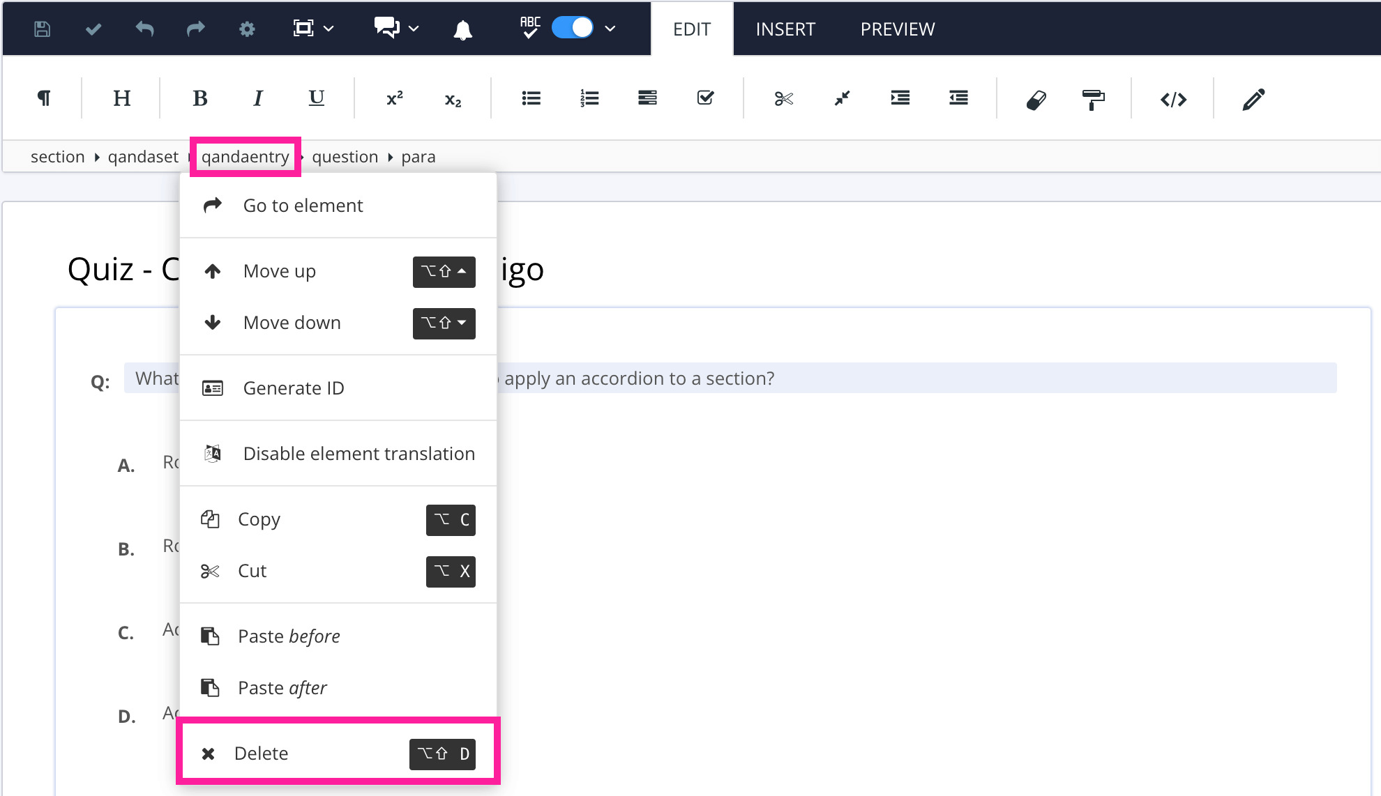 Quiz topic in the Paligo editor. The user has selected a qandaentry element in the Element Structure Menu. The dropdown menu is shown and the Delete option is highlighted.