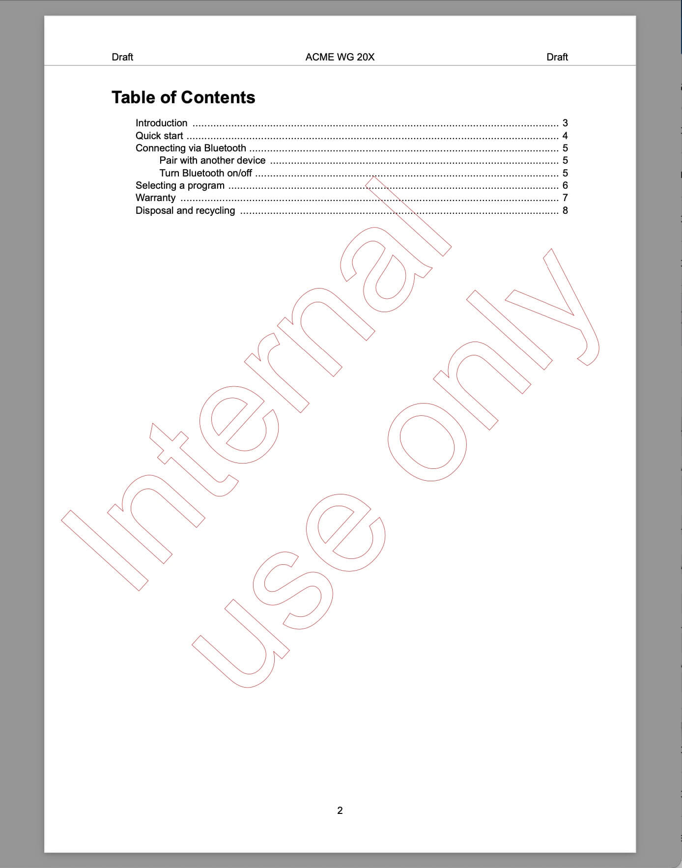 Table of contents page for a PDF. It has draft in the header and "internal use only" shown as outlined letters running diagonally across the page
