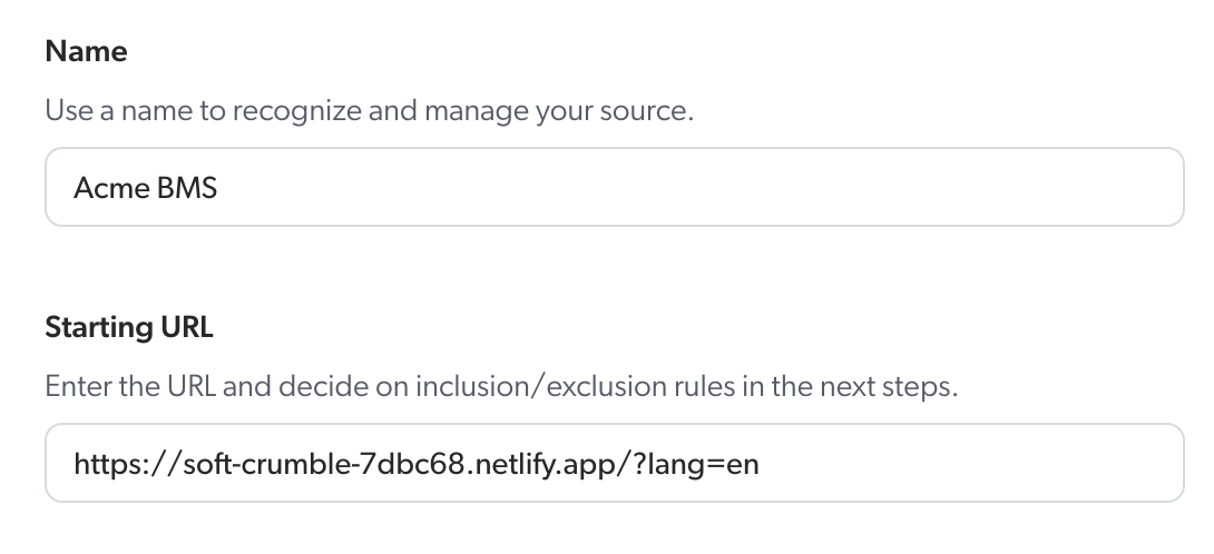 Add Source dialog. There is a Name field and a Starting URL field.