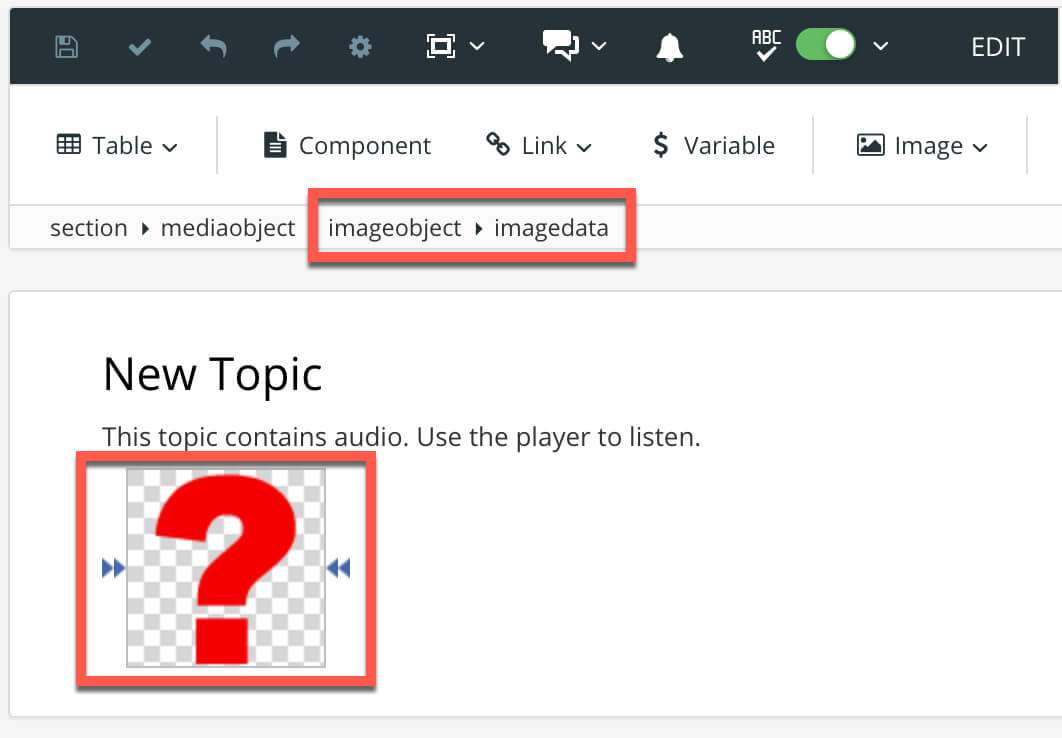 Topic containing a mediaobject element. There is an image shown by default and the image has imageobject and imagedata elements. These are inside the mediaobject element.