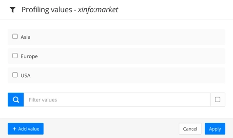 Profiling values dialog for xinfo:market. It shows checkboxes for three values, Asia, Europe, and USA. There is a search box for searching for values. There is also an Add value button, a cancel button and an apply button.