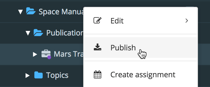 Content Manager bar showing option menu for a publication. The publish option is being selected.