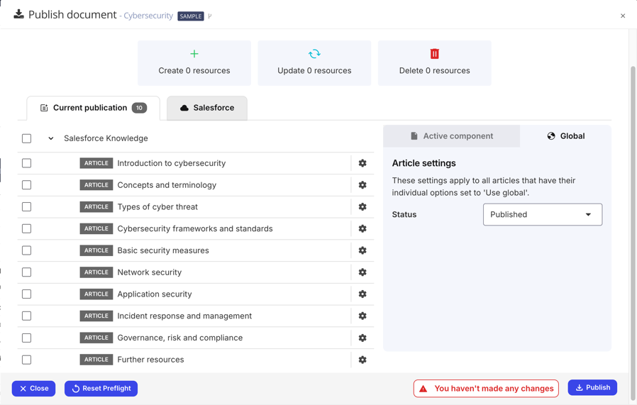 Salesforce Preflight. It shows that the publication and all of its articles have clear checkboxes. This means nothing is going to be published. At the bottom, an error message shows You haven't made any changes.