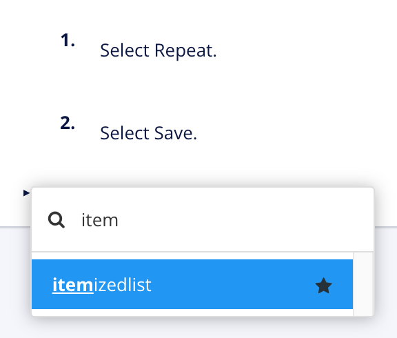 Element context menu. A user has searched for item. The list shows itemized list as the only result. The itemized list option has a black star icon.