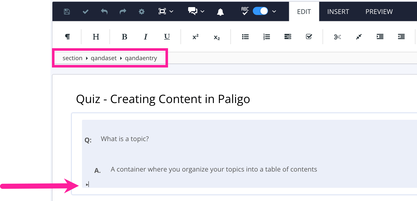 Quiz topic in Paligo editor. The cursor is positioned after the previous qandaentry element.