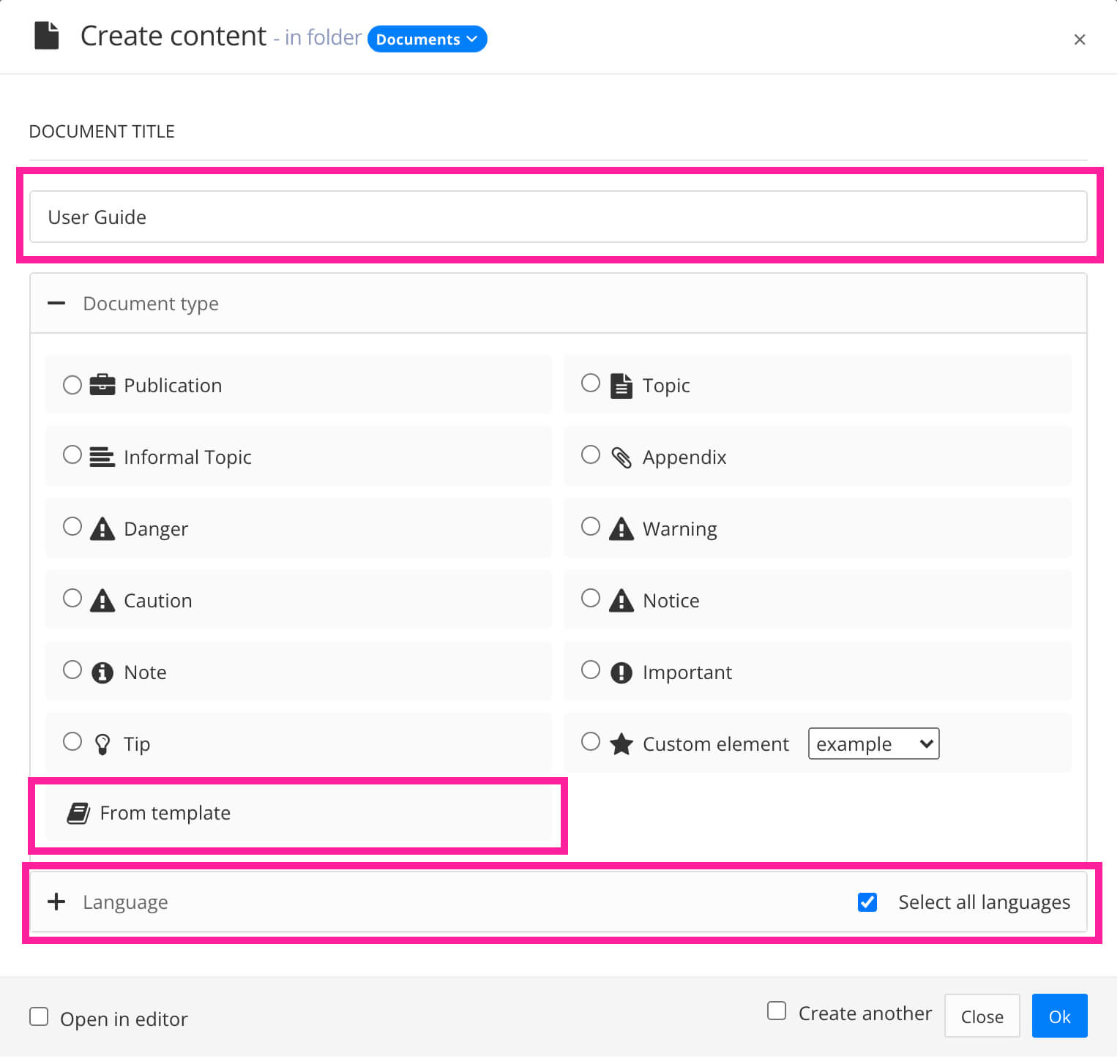 Create content dialog for new publication based on template. A name is entered, From template is selected, and select all languages is checked.