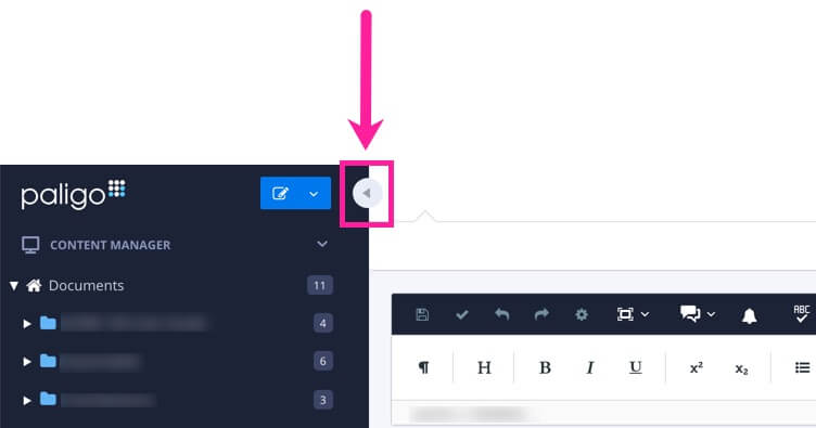 Image shows the top of the Content Manager sidebar. A callout arrow points to the circular arrow icon that sits on the edge of the sidebar. A callout box surrounds the icon to aid with clarity.